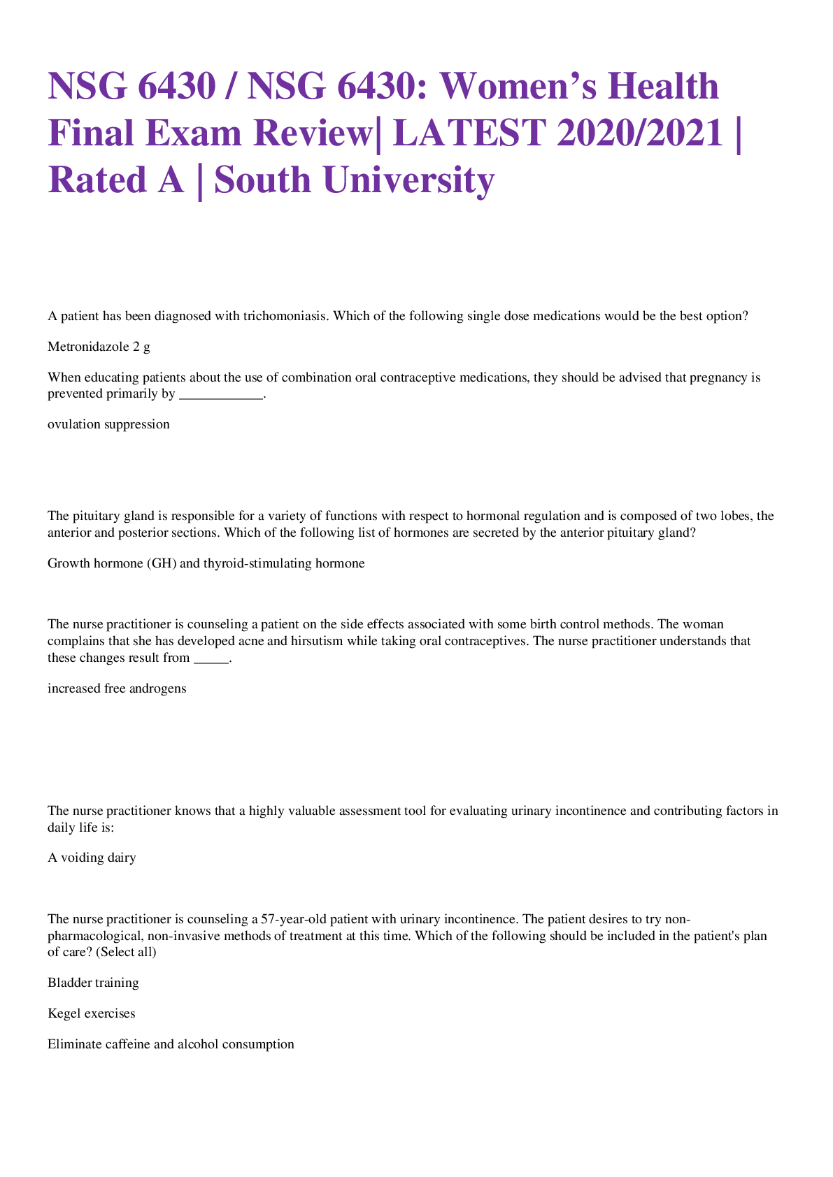 Preview of NSG 6430 / NSG 6430: Women’s Health Final Exam Review| LATEST 2020/2021 | Rated A | South